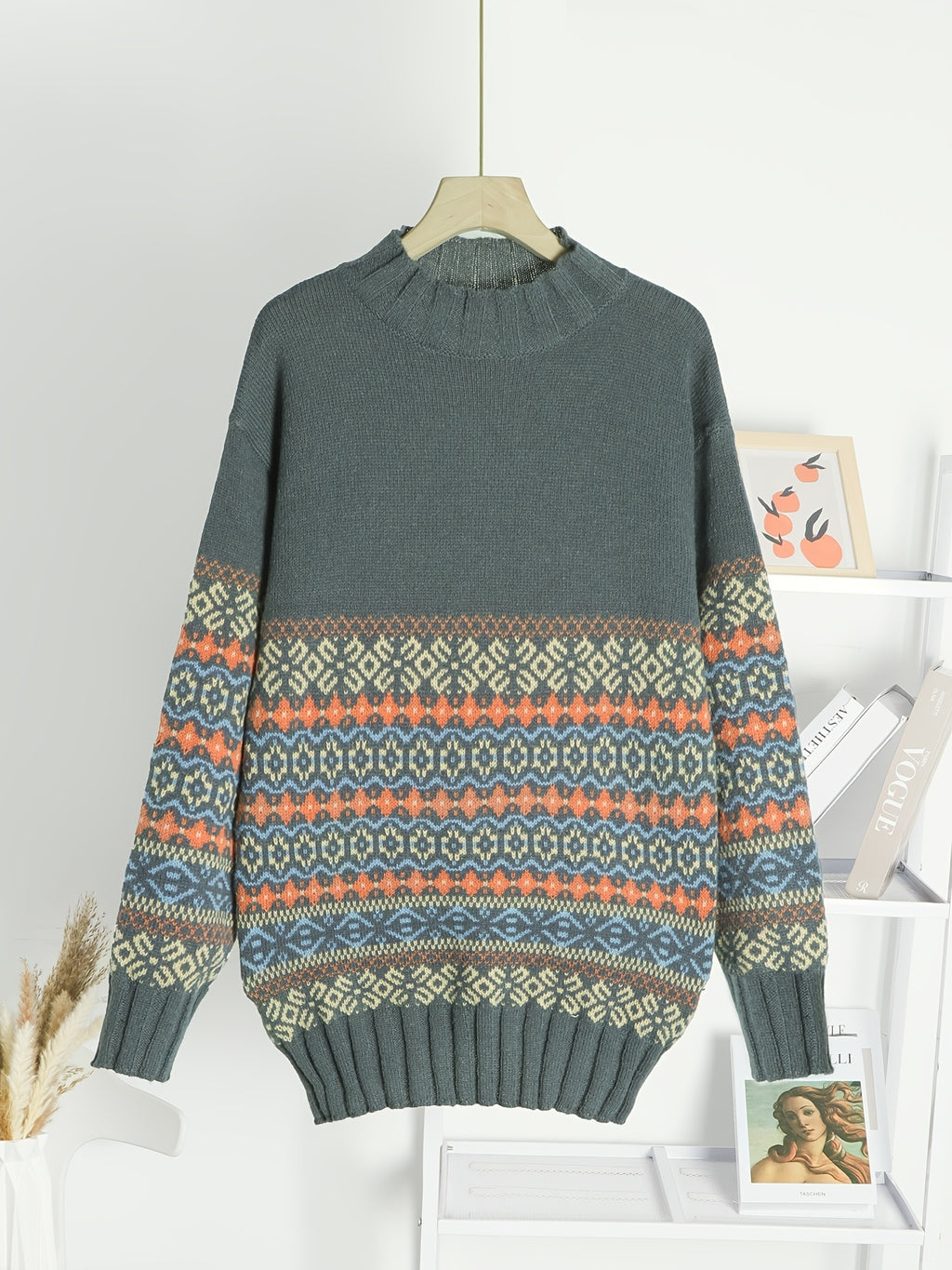 Suéter Vintage Jacquard de Gola Alta para Mulheres - Corte Solto, Preto com Estampa Floral Azul e Laranja, Calor Outono/Inverno, Design Elegante Inspirado no Oriente Médio, Suéter Clássico Feminino