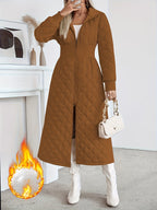 Casaco Longo de Quilting Elegante para Mulheres - Cor Sólida Manga Longa Inverno Quente com Bolsos, Design com Capuz, Comprimento Regular, Sem Cinto, Perfeito para Vestidos Casuais ou Elegantes, Casaco de Inverno, Casaco de Inverno para Mulheres