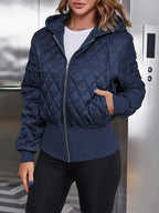 Casaco Acolchoado Casual com Capuz, Zíper e Cordão em Verde Militar