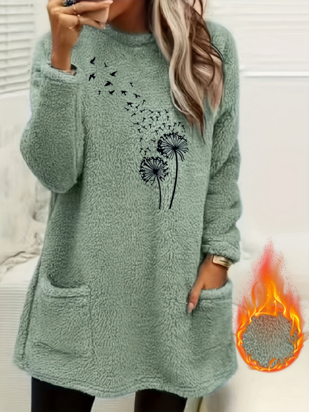 Camisola de Manga Comprida para Mulher com Forro de Lã Aconchegante e Estampado de Dente-de-Leão - Suave, Elástica e Casual para o Outono/Inverno, Laranja, Gola Redonda, Corte Normal, Roupa Casual|Top com Estampado de Dente-de-Leão|Tecido Elástico, Camisola e Camisola de Malha para Mulher, Camisola de Mulher, Camisolas de Mulher, Camisolas de Mulher Outono, roupa mulher inverno, camisolas mulher outono, camisola mulher outono