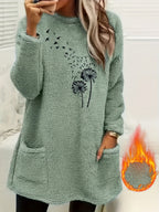 Camisola de Manga Comprida para Mulher com Forro de Lã Aconchegante e Estampado de Dente-de-Leão - Suave, Elástica e Casual para o Outono/Inverno, Laranja, Gola Redonda, Corte Normal, Roupa Casual|Top com Estampado de Dente-de-Leão|Tecido Elástico, Camisola e Camisola de Malha para Mulher, Camisola de Mulher, Camisolas de Mulher, Camisolas de Mulher Outono, roupa mulher inverno, camisolas mulher outono, camisola mulher outono