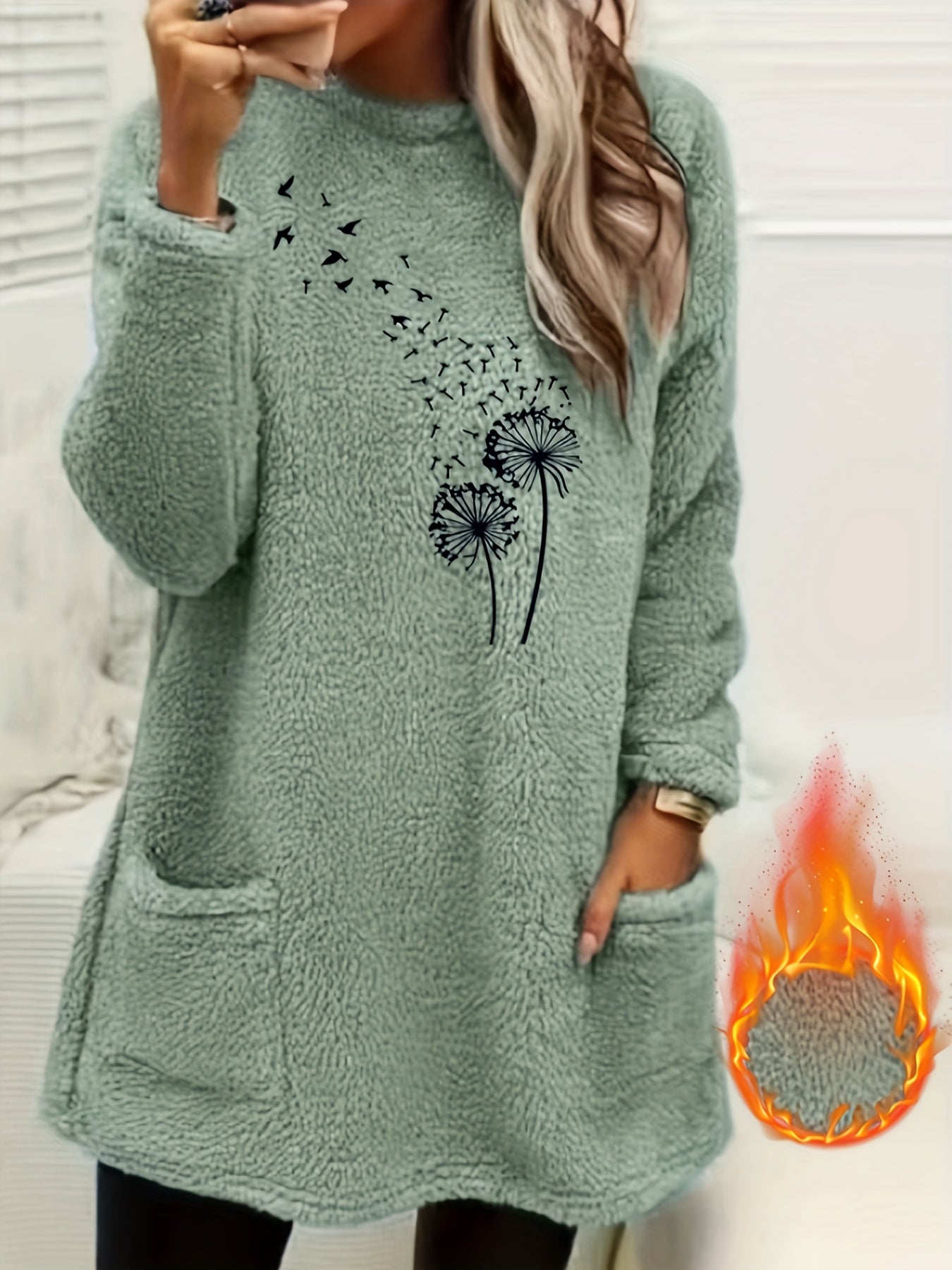 Camisola de Manga Comprida para Mulher com Forro de Lã Aconchegante e Estampado de Dente-de-Leão - Suave, Elástica e Casual para o Outono/Inverno, Laranja, Gola Redonda, Corte Normal, Roupa Casual|Top com Estampado de Dente-de-Leão|Tecido Elástico, Camisola e Camisola de Malha para Mulher, Camisola de Mulher, Camisolas de Mulher, Camisolas de Mulher Outono, roupa mulher inverno, camisolas mulher outono, camisola mulher outono