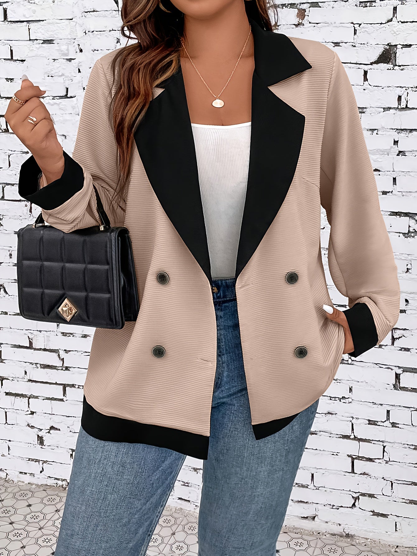 Tamanho Grande - Casaco Casual Feminino Oversize com Abotoadura Dupla e Bloco de Cores para o Dia a Dia