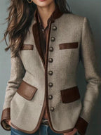Casaco Casual Elegante Vintage Feminino PU Patchwork Estiloso Gola Alta Abotoadura Simples