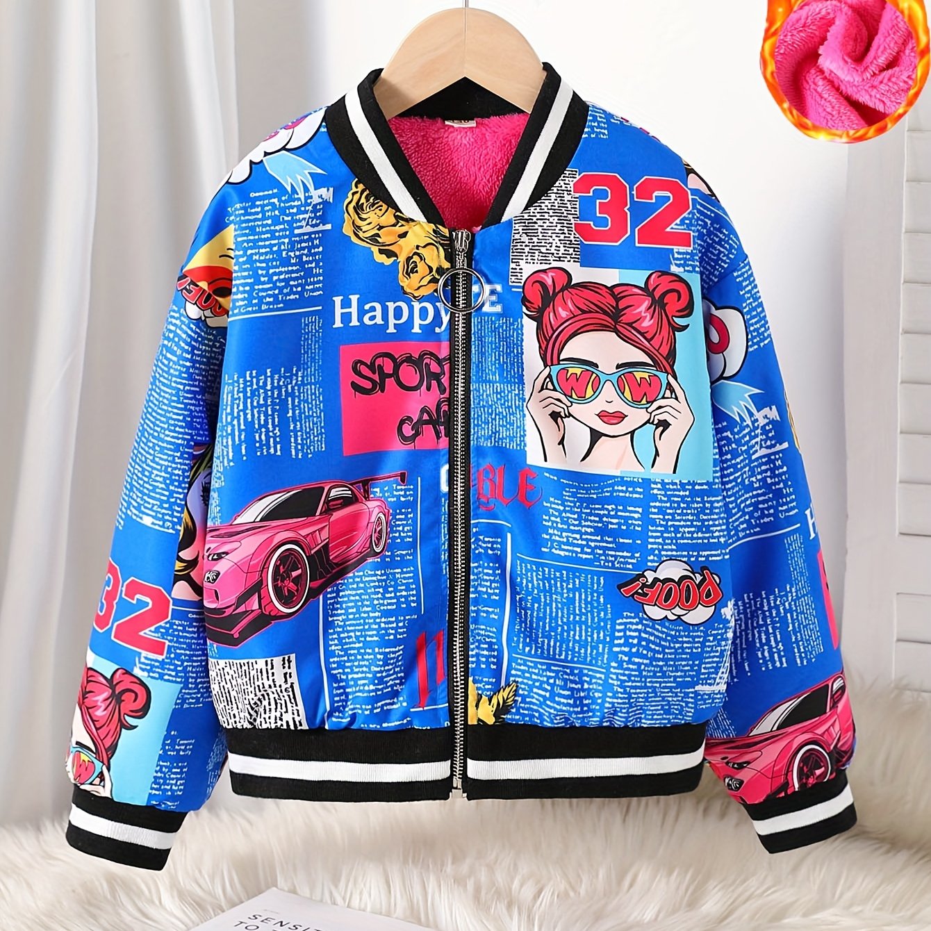 Cozy Pop Art Bomber Jacket for Girls - Fleece Lined
