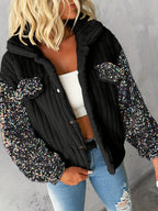 CHICME Casaco de Pelúcia Feminino em Imitação de Pele com Detalhes de Lantejoulas - Elegante Casaco de Manga Comprida com Gola de Lapela e Várias Cores, Roupa de Exterior de Inverno Lavável à Máquina para Outono/Inverno