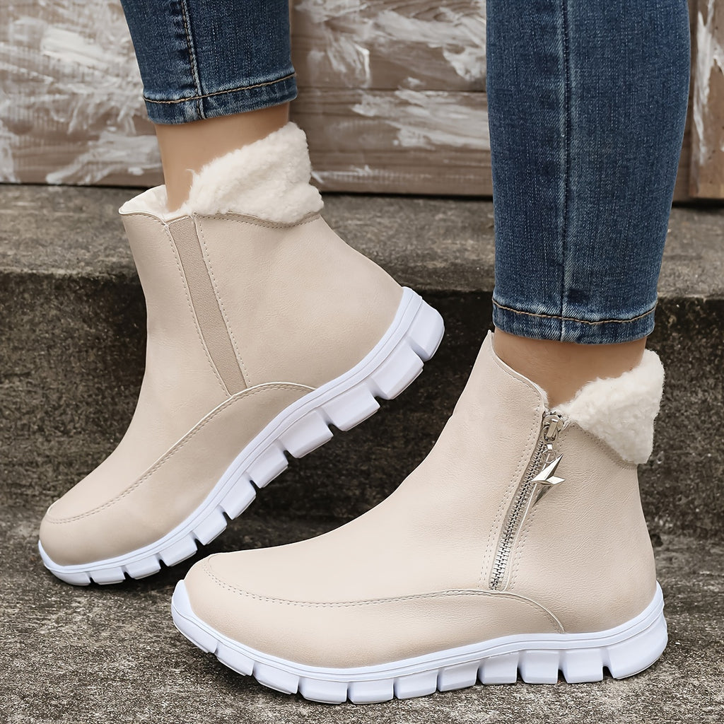 Botas de Inverno Femininas Aconchegantes com Forro de Fleece - Cano Curto, Solado Grosso, Zíper Lateral, Detalhe de Estrela, Bico Redondo Casual, Bege, Para Clima Frio, Botas de Inverno, Solado Grosso, Botas Curtas, Botas para Clima Frio