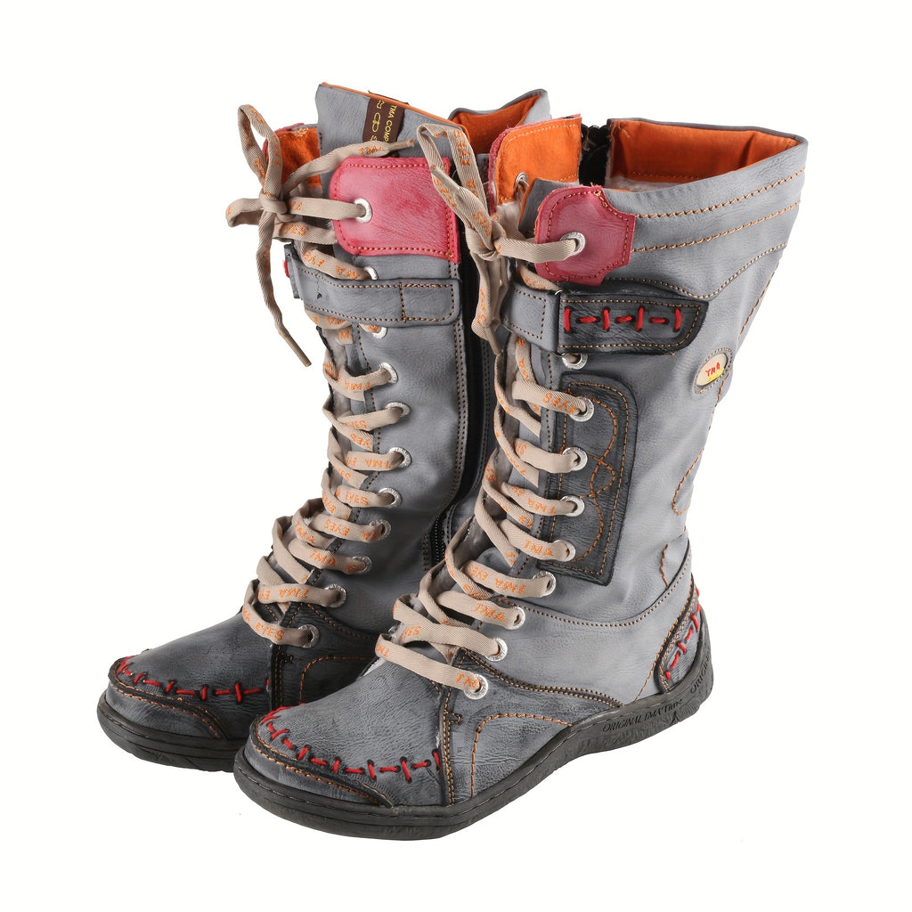 Botas de cano médio TMA EYES 2023 - Estilo ocidental casual, de cor sólida, confortáveis para todas as estações, com fecho de zíper, bico redondo, salto plano, sola TPR, palmilha em tecido, parte superior em imitação de couro de vaca e interior em tecido.