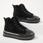 Botas de Inverno com Plataforma Grossa, Decoradas com Strass e Cadarço para Mulheres - Botins Cano Curto em Fleece, Sola Espessa de Borracha Redonda na Ponta, Brilhantes Bota de Neve para Natal, Ano Novo & Clima Frio (Preta) - Estilo Moda Coreana