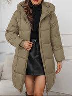 Casaco de Inverno Comprido Elegante com Capuz para Mulher - Casaco Leve com Fecho Completo e Bolsos, Roupa Exterior Quente de Comprimento Médio para Clima Frio, Cor Sólida, Corte Normal, Sem Cinto, Mangas Compridas, Casacos de Inverno