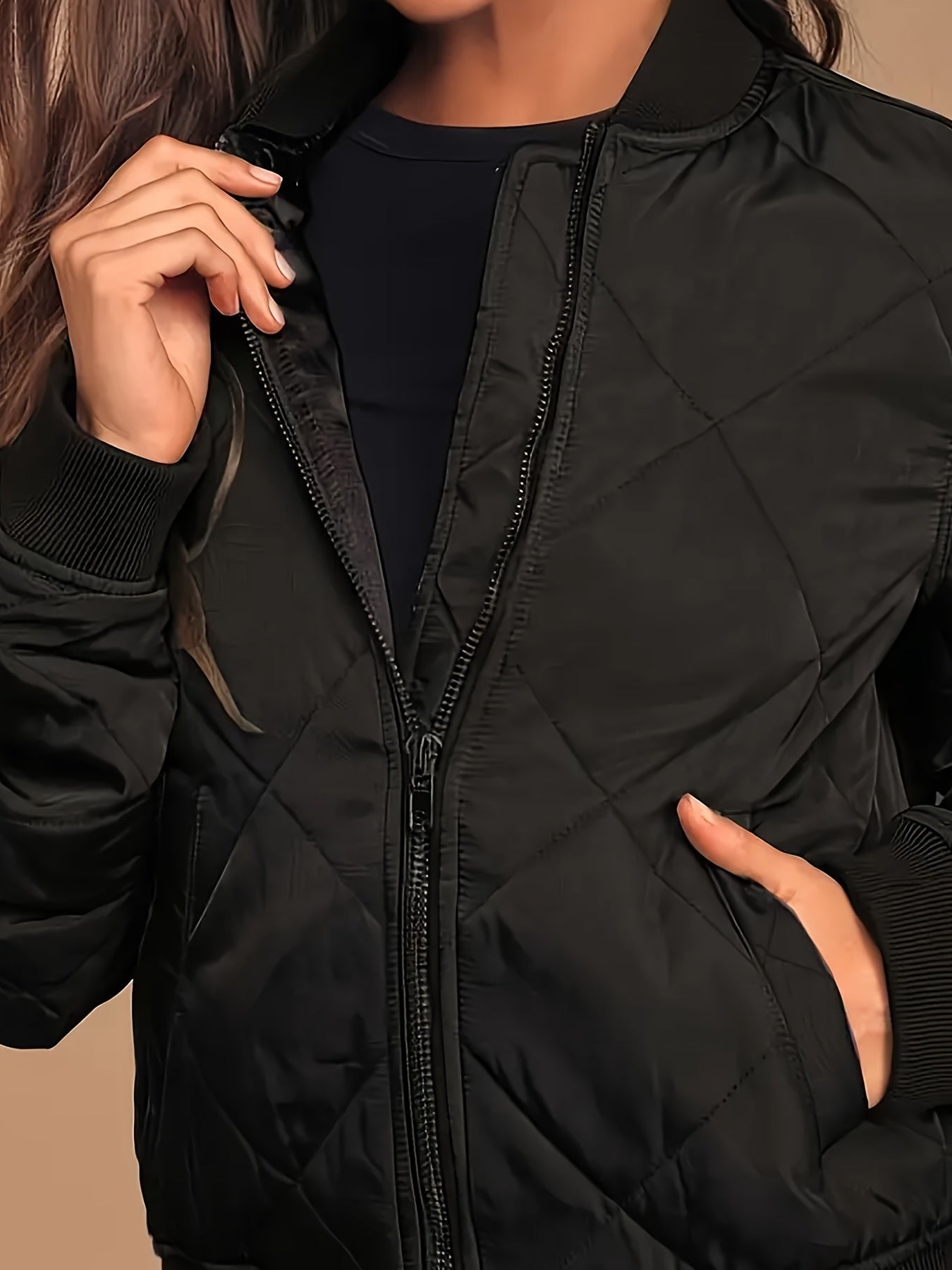 Casaco acolchoado com fecho, casaco térmico casual de manga comprida com bolsos para outono e inverno, roupa de mulher