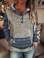 Moletom Feminino Estilo Bohemian Ocidental com Capuz - Blusa Casual de Botões Retro, Cinza e Azul para Todas as Estações, Lavável na Máquina, Conforto Diário, Tecido Texturizado, Chic Rústico