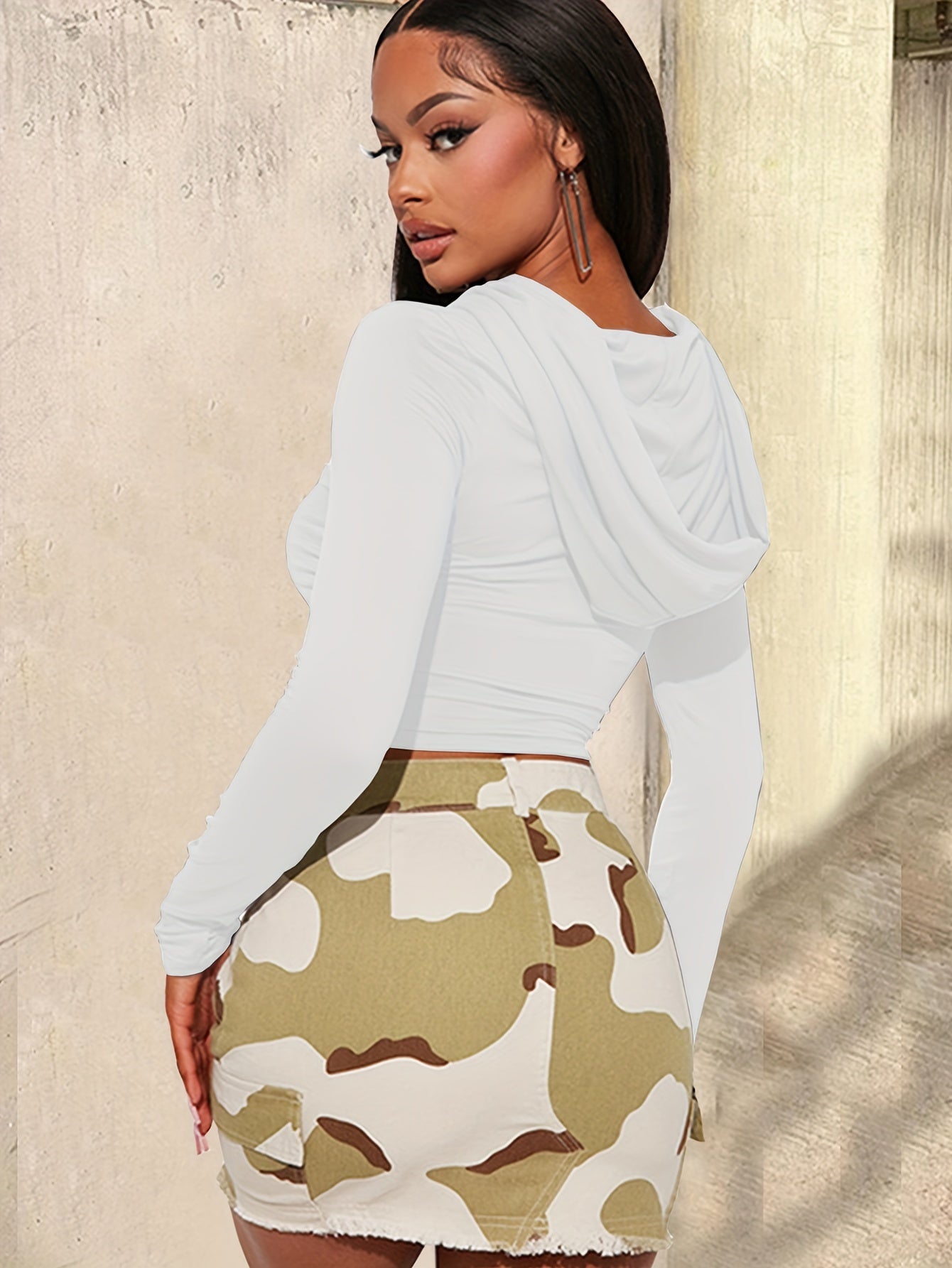 Top Recortado Com Capuz De Cor Sólida, Top Fino De Manga Comprida Y2K, Roupas Femininas