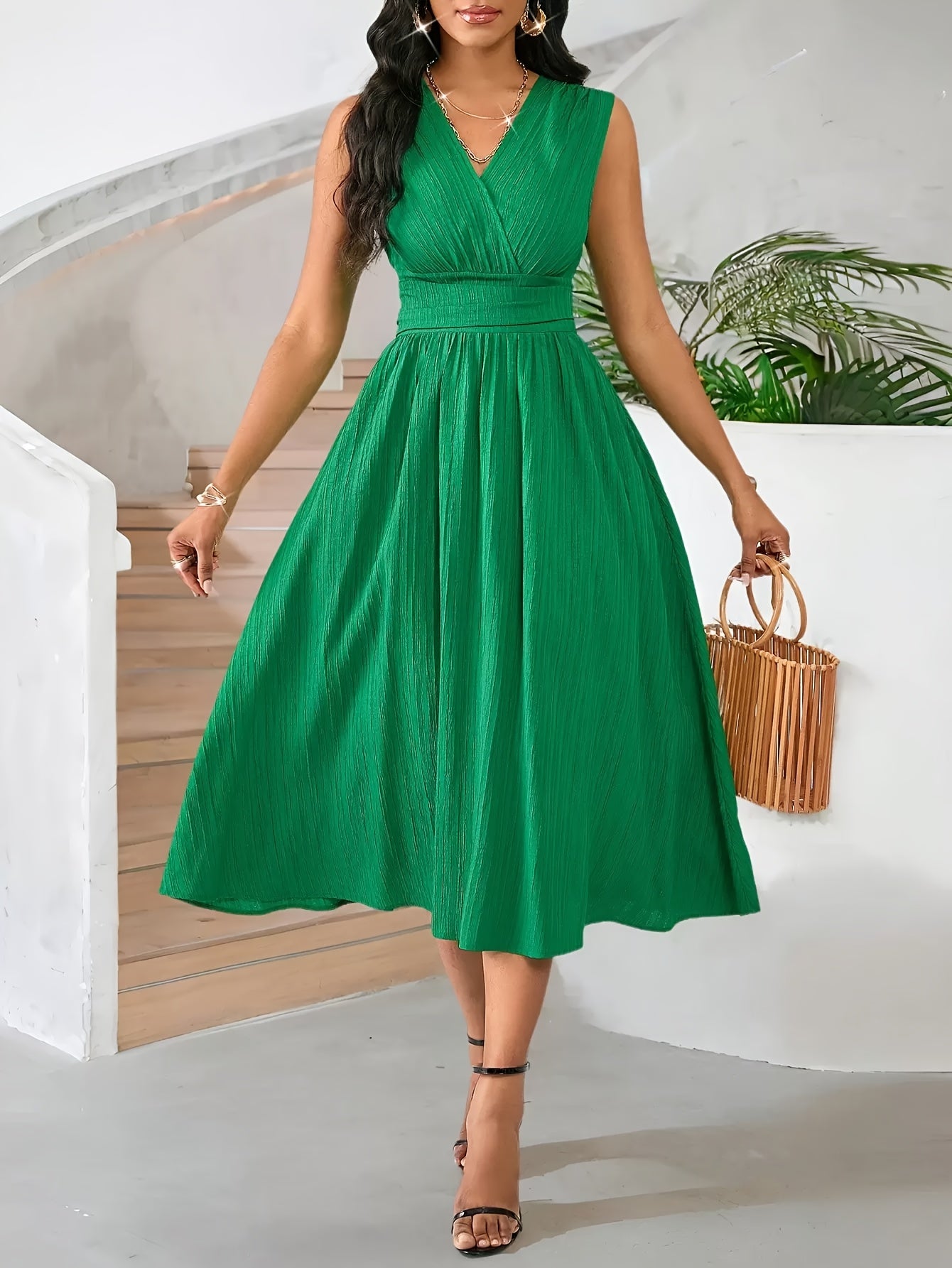 Vestido Maxi Elegante Sem Mangas para Mulheres - Formal a Casual, Casamento, Férias - Barra Flare - Lavável à Máquina - Verde Esmeralda - Praia, Eventos Noturnos e Looks do Dia a Dia