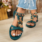 Sandálias Elegantes de Mulher com Borboleta de Strass - Preto Aberto com Fivela Floral Dourada, Tira Elástica Segura para Conforto de Verão, Sandálias Femininas