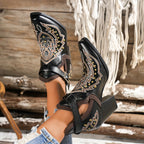 Botas de salto grosso com decoração de contas douradas para mulheres, design de fivela de moda, botas de tornozelo confortáveis para mulheres