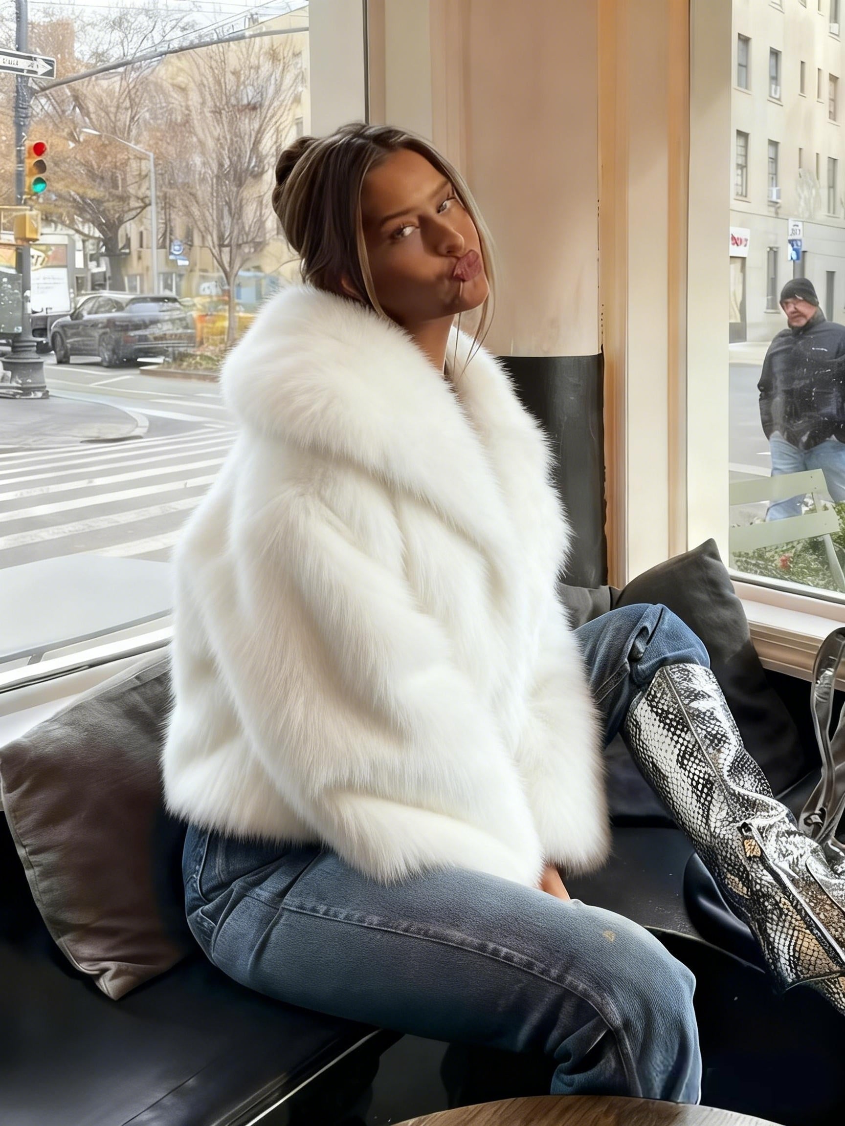 Jaqueta Curta de Inverno com Forro de Pelo Falso - Casaco Macio e Quente Ideal para Outono/Inverno, Lavável na Máquina, Casaco Curto Casual em Cor Sólida com Detalhes em Pelo Falso Bege Claro