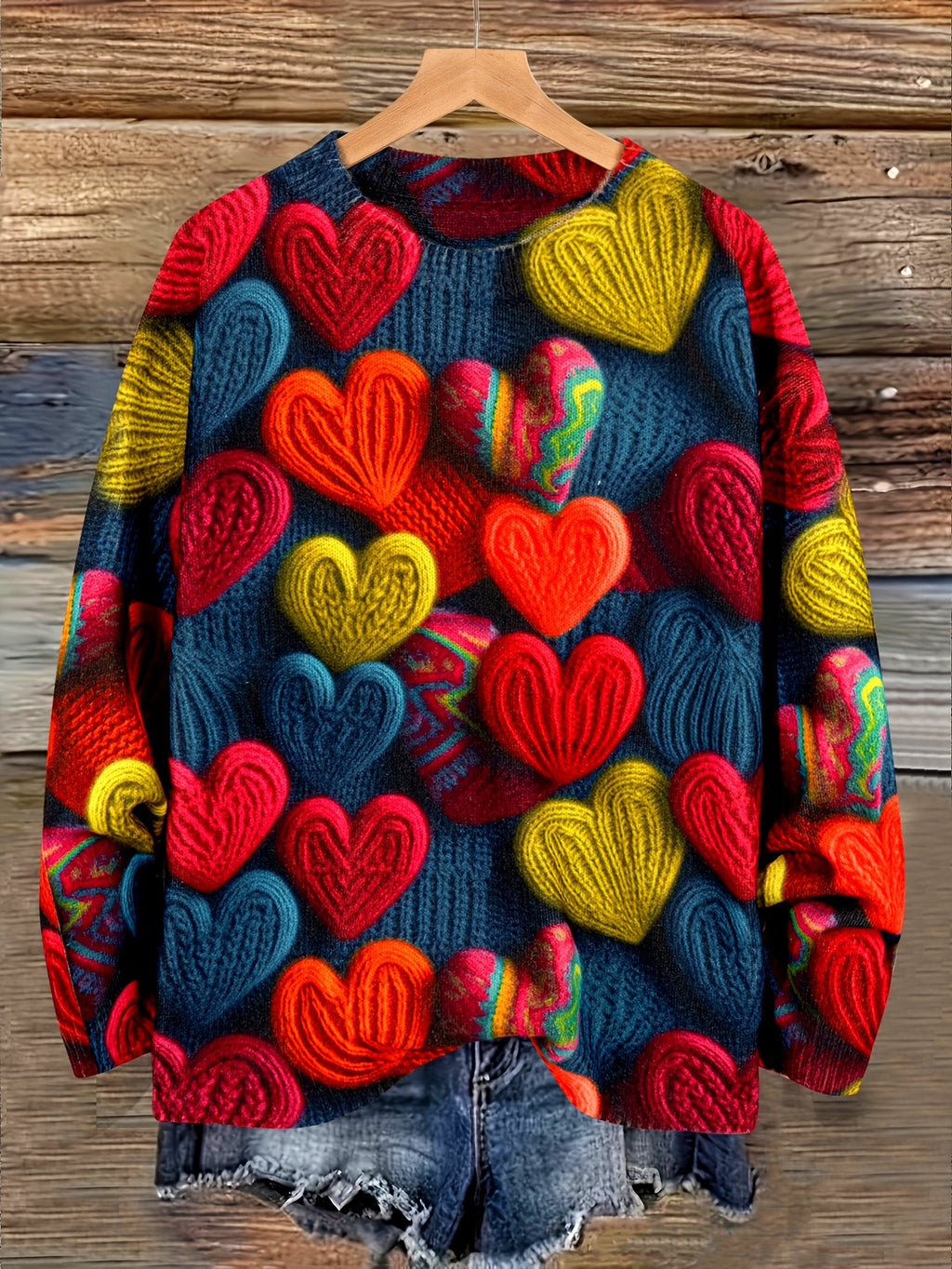 Tamanho Grande - Camisola Elegante Feminina com Padrão de Corações | Época de Outono, Gola Redonda, Manga Comprida, Corte Oversize, Pulôver com Estampado Digital