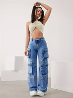 Jeans Plus Size Feminino de Cintura Alta com Múltiplos Bolsos - Calças de Ganga Retas e Elásticas de Cor Cinza Escuro para Todas as Estações