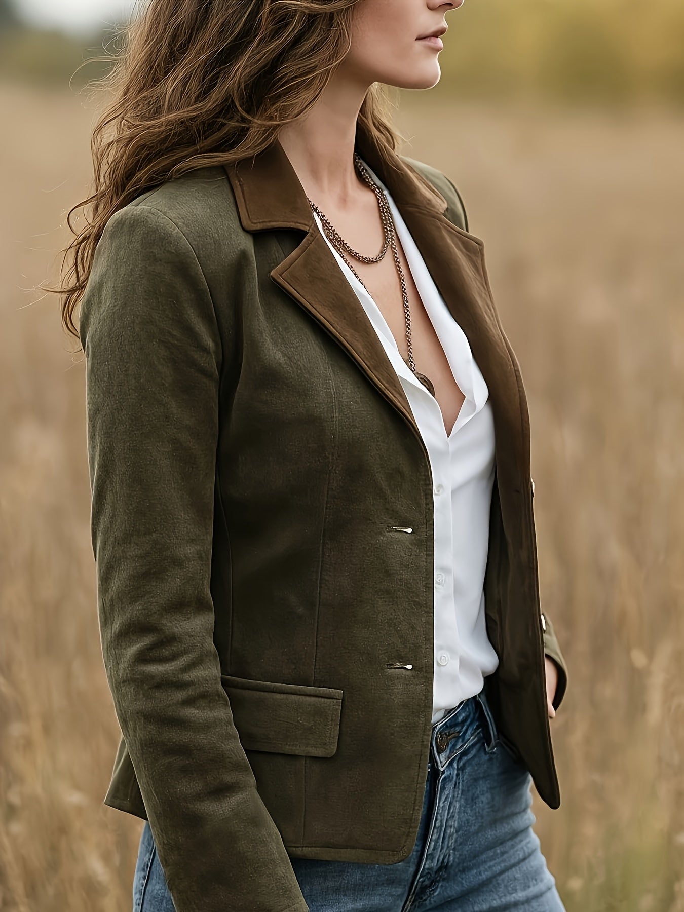 Jaqueta Curta Vintage Ocidental Feminina - Casaco de Botões com Silhueta X, Jaqueta Pastoral de Comprimento Curto para Outono/Inverno, Lavável na Máquina em Verde Oliva e Bicolor com Fechamento Simples (Sem Necessidade de Alfaiataria) para Looks de Fazenda, Casual ou Elegantes
