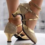 Sapatos De Dança Latina D'Orsay Com Brilho Para Mulheres, Saltos Médios Robustos Com Fivela Cruzada, Sapatos De Dança Elegantes Para Todas As Ocasiões