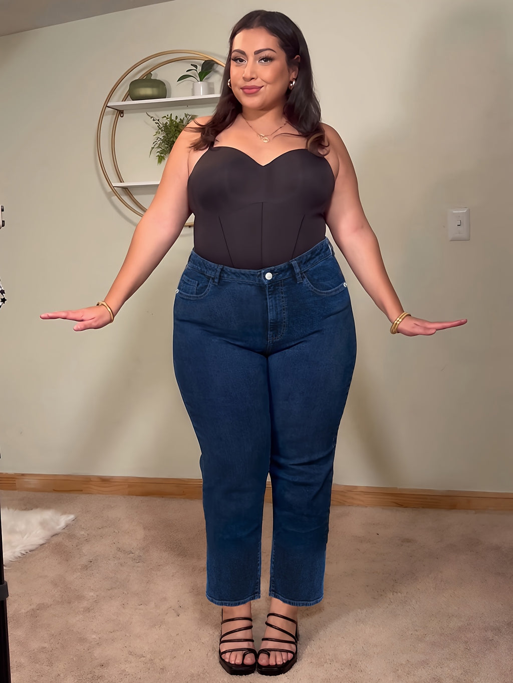 Jeans de Cintura Subida Elásticos de Perna Reta Plus Size para Mulher | Ganga Azul Confortável e Casual para Usar em Todas as Estações
