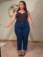 Jeans de Cintura Subida Elásticos de Perna Reta Plus Size para Mulher | Ganga Azul Confortável e Casual para Usar em Todas as Estações