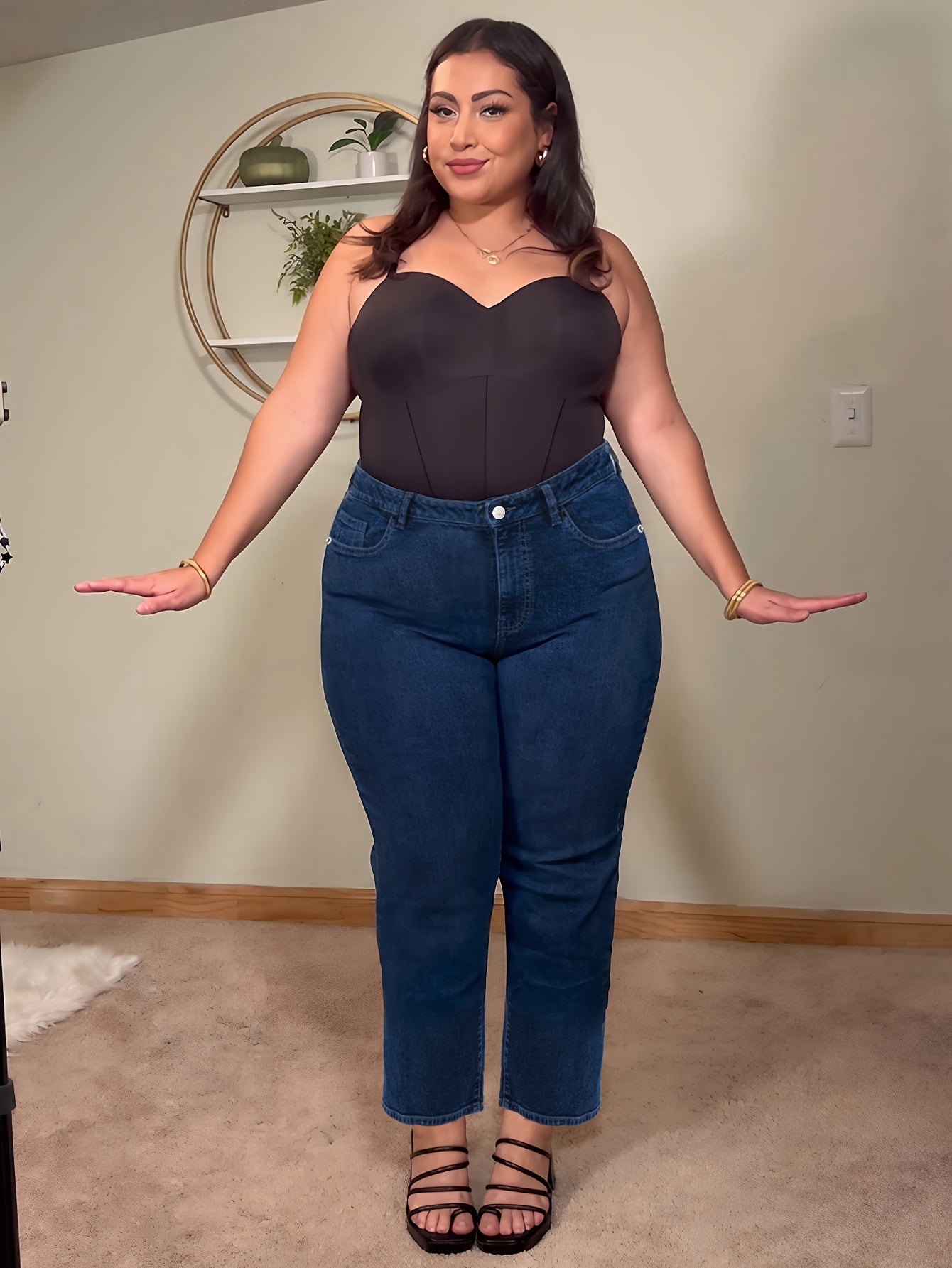 Jeans de Cintura Subida Elásticos de Perna Reta Plus Size para Mulher | Ganga Azul Confortável e Casual para Usar em Todas as Estações
