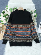 Suéter Vintage Jacquard de Gola Alta para Mulheres - Corte Solto, Preto com Estampa Floral Azul e Laranja, Calor Outono/Inverno, Design Elegante Inspirado no Oriente Médio, Suéter Clássico Feminino