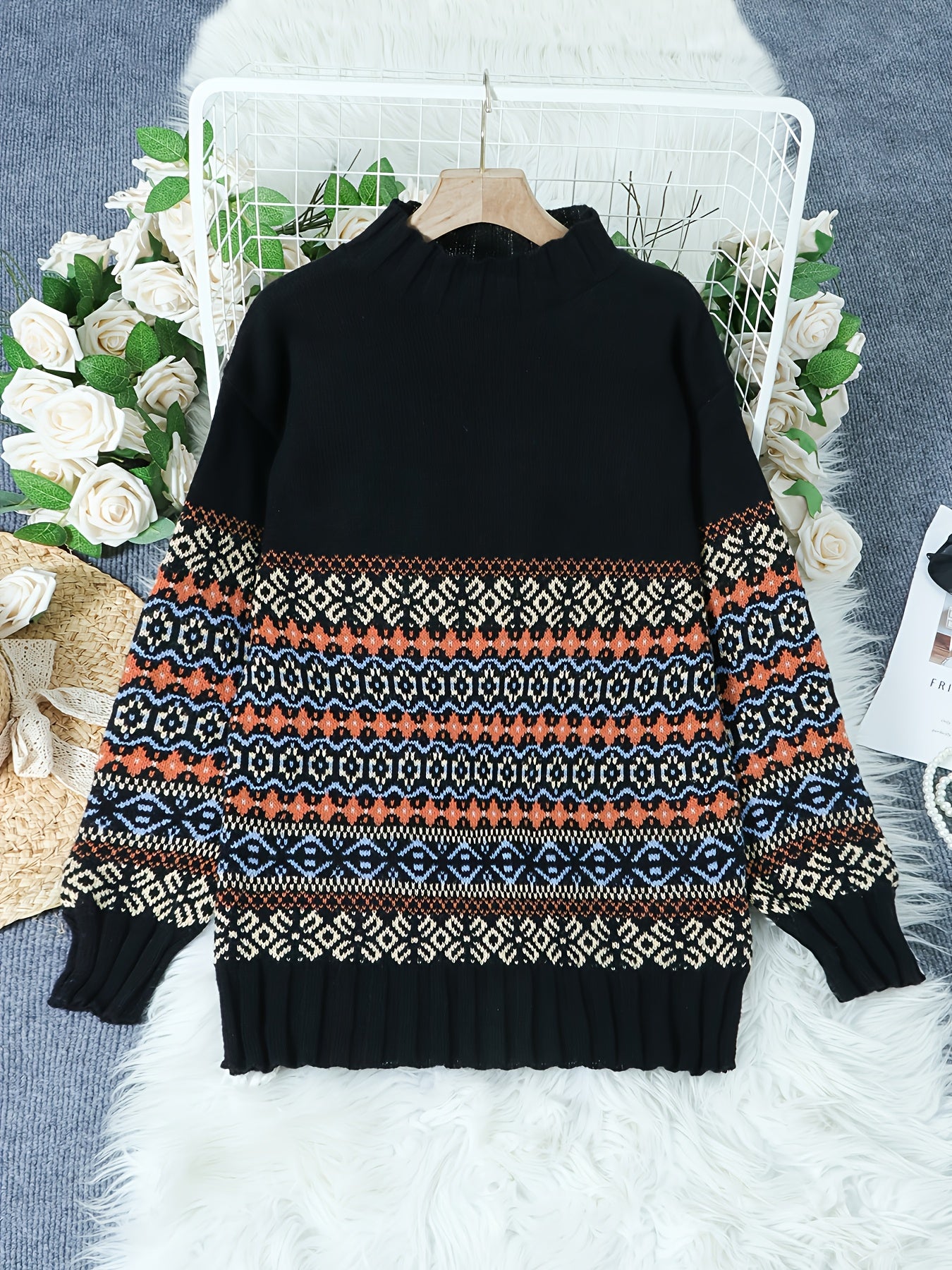 Suéter Vintage Jacquard de Gola Alta para Mulheres - Corte Solto, Preto com Estampa Floral Azul e Laranja, Calor Outono/Inverno, Design Elegante Inspirado no Oriente Médio, Suéter Clássico Feminino