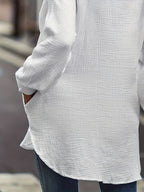 Tamanho grande - Roupas femininas de tamanho grande europeu e americano, camisas de manga comprida com bolsos para outono e inverno, camisas soltas de cor sólida com gola.