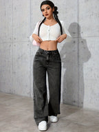 Jeans de Denim Lavados Vintage Femininos - Corte Reto Relaxado, Calças Casuais Não Elásticas com Design Clássico de Cinco Bolsos para Conforto em Todas as Estações, Vestuário Casual, Construção Durável, Roupa Confortável, Material Resistente, Calças Wideleg, Estilo Descontraído