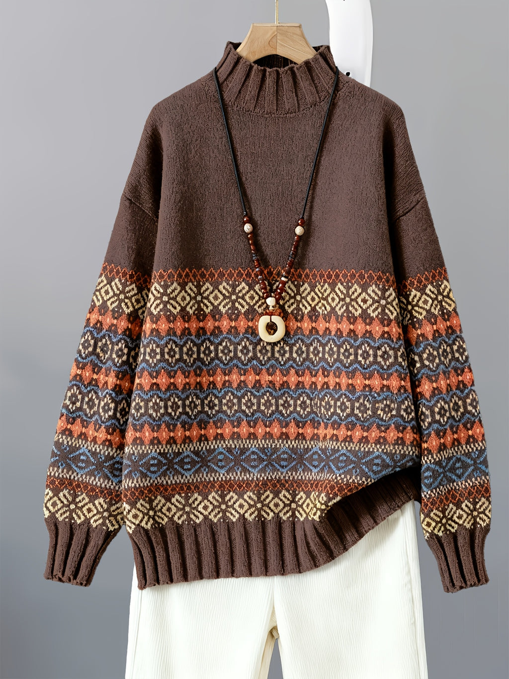 Suéter Vintage Jacquard de Gola Alta para Mulheres - Corte Solto, Preto com Estampa Floral Azul e Laranja, Calor Outono/Inverno, Design Elegante Inspirado no Oriente Médio, Suéter Clássico Feminino