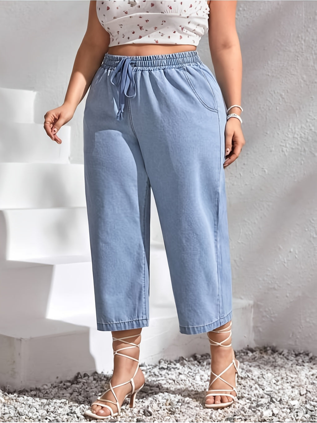 Calças de ganga largas de tamanho grande para mulheres com cintura ajustável - Estiramento médio, cor sólida, ajuste confortável para todas as estações, roupa casual | Calças de estilo casual | Tecido elástico