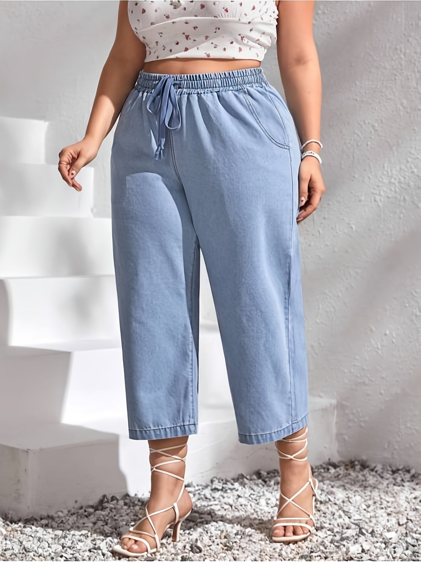 Calças de ganga largas de tamanho grande para mulheres com cintura ajustável - Estiramento médio, cor sólida, ajuste confortável para todas as estações, roupa casual | Calças de estilo casual | Tecido elástico