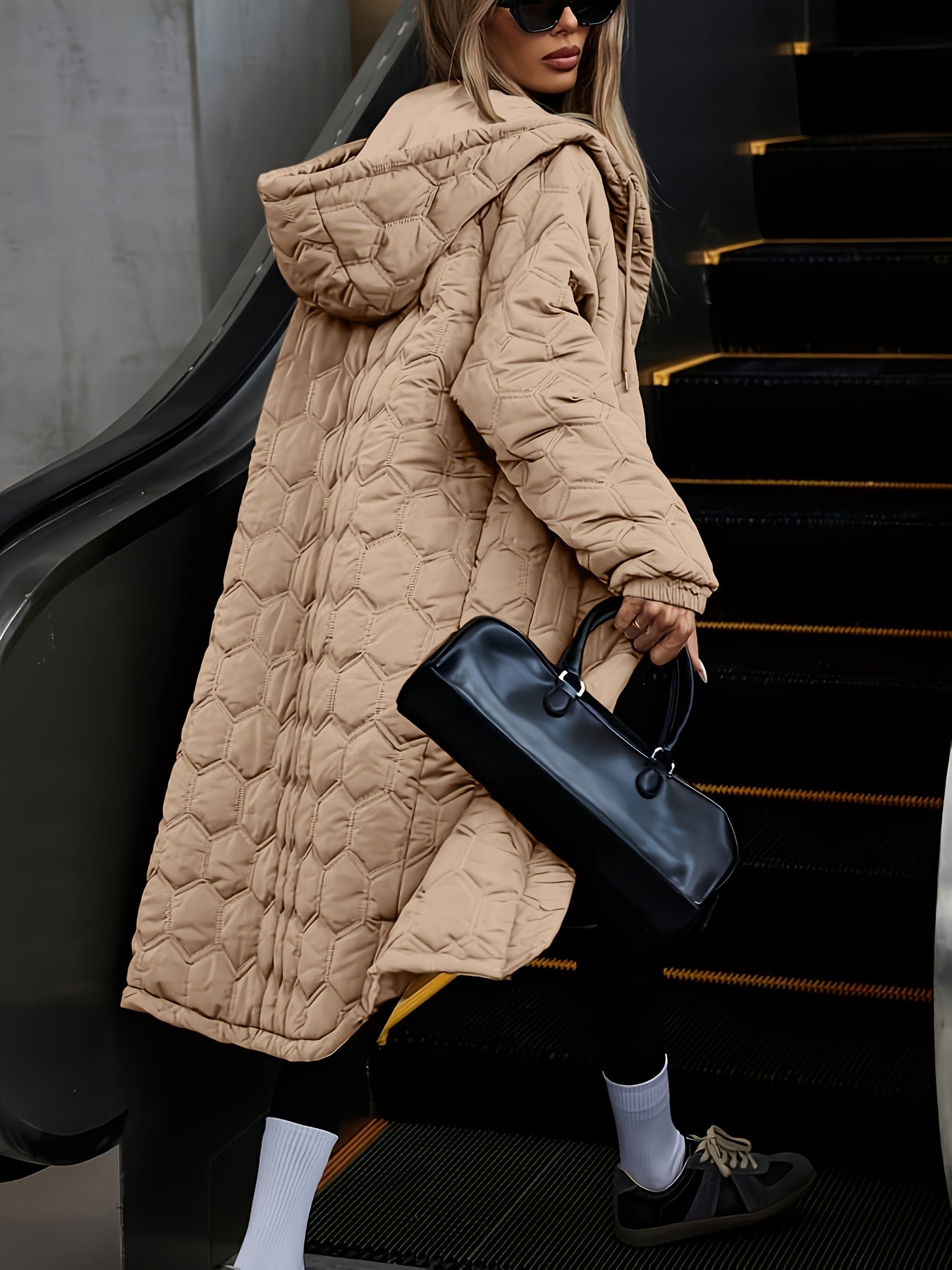 Jaqueta de Inverno Acolchoada com Capuz para Mulheres - Casaco Longo para Clima Frio, Lavável à Mão, Ideal para Outono e Inverno, Casual para Baixas Temperaturas