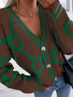 Casaco de malha com blocos de cor, casaco de malha com botões em decote em V, tops casuais para outono e inverno, roupa de mulher