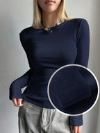 Top de manga comprida com forro de lã para mulheres - Rosa suave, textura ribana, detalhe de botão, perfeito para outono e inverno, estilo casual, roupa casual | Top de textura ribana | Top forrado de lã, top de lã/inverno para mulheres