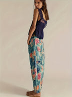 Calças Jeans Femininas de Perna Larga com Estampa Floral Verde - Calças de Pintura Botânica em Azul Turquesa e Rosa, Calças Retas Vintage com Bolsos, Jeans Laváveis à Máquina para Todas as Estações, Ideais para Estilo Boho, Casual e Formal (Padrões de Perna com Flores)