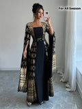 Vestido Kimono Elegante de Manga Comprida para Mulher com Estampado Geométrico Preto e Dourado - Vestido Formal de Chão com Decote Quadrado e Detalhes em Cores Contrastantes, Vestido de Noite Versátil para Todas as Estações