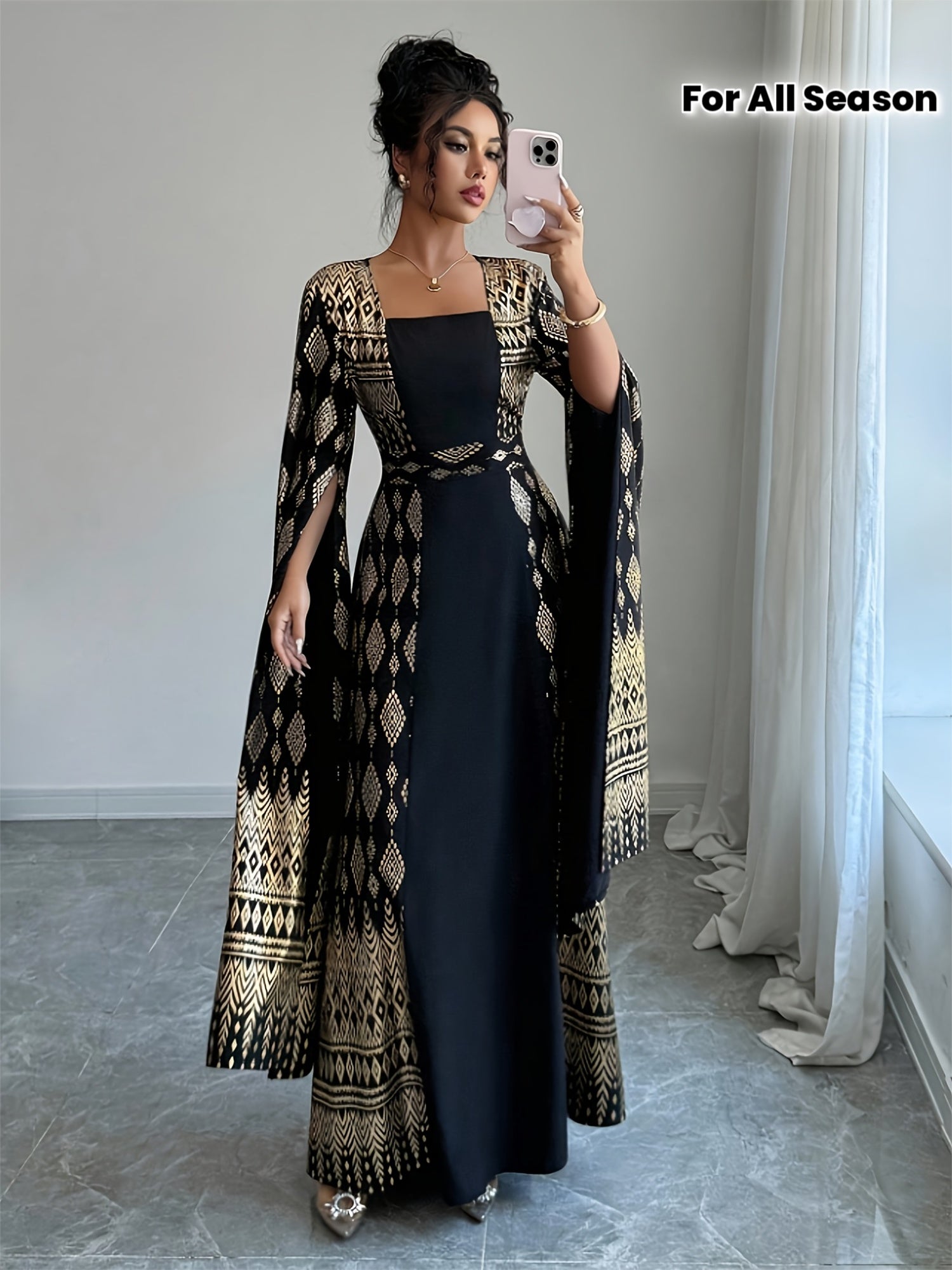 Vestido Kimono Elegante de Manga Comprida para Mulher com Estampado Geométrico Preto e Dourado - Vestido Formal de Chão com Decote Quadrado e Detalhes em Cores Contrastantes, Vestido de Noite Versátil para Todas as Estações
