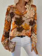 Plus Size, Suéter Vintage Bohemio com Estampa de Folha de Bordo, Decote em V, Manga Longa Vazada para Mulheres Plus Size, Outono Inicial