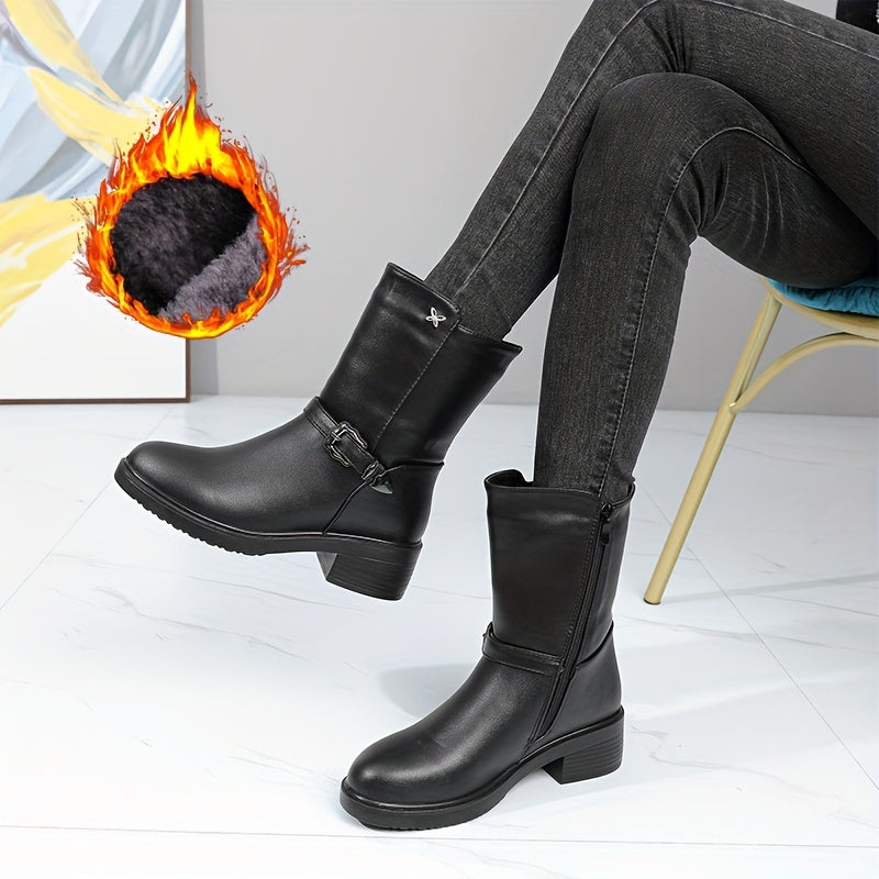 Botas Femininas de Cano Médio, Botinhas Curtas Forradas com Pelúcia para Aquecimento no Inverno