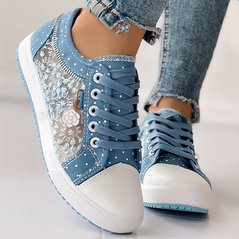 Tênis Casual Feminino com Malha Floral e Cobertura - Sapatos de Primavera Respiráveis de Cano Baixo com Cadarço e Bico Redondo, Calçado Confortável e Durável para Looks Casuais, Tênis Femininos, Calçado Estiloso ChicMe