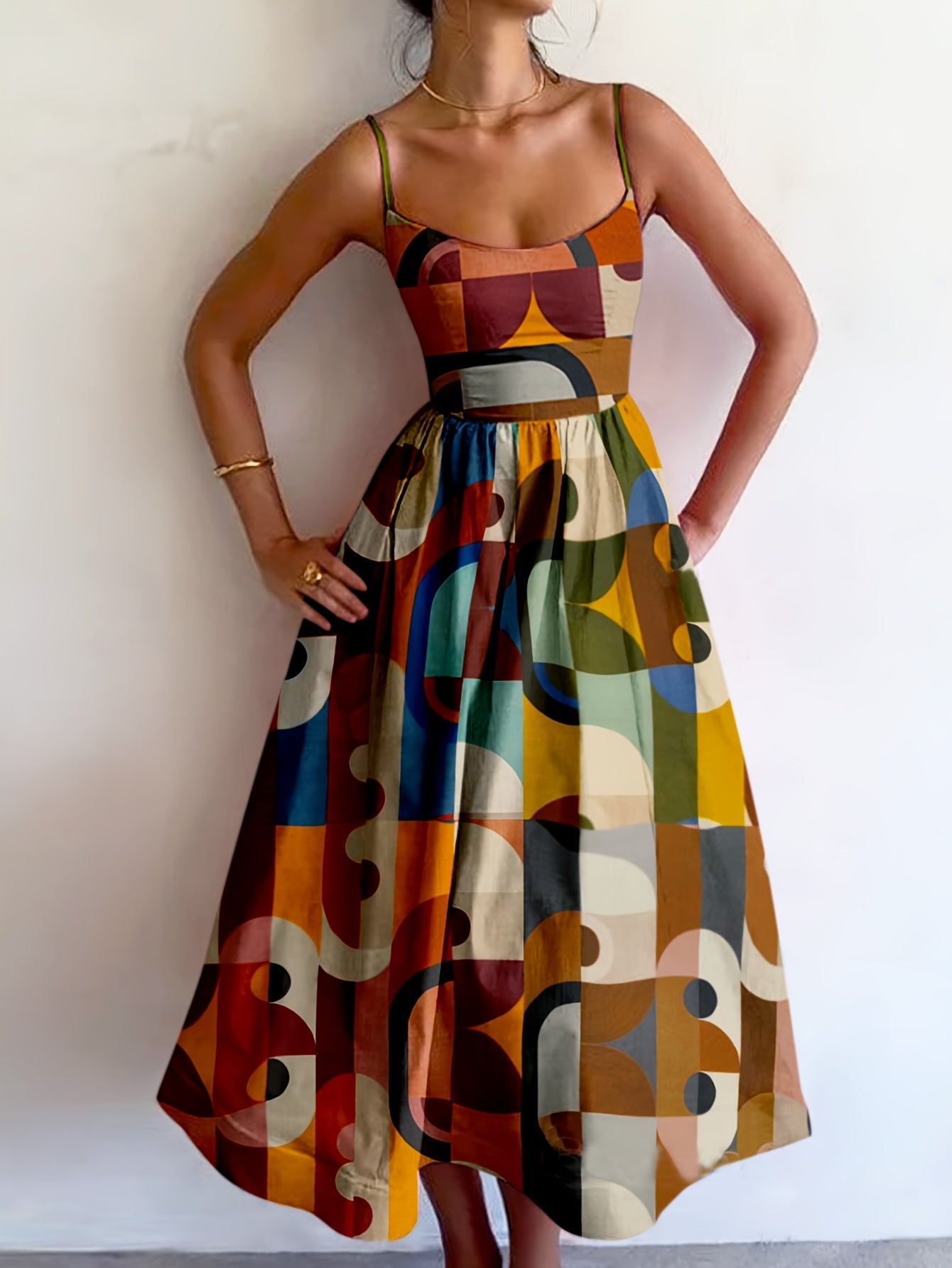 Vestido de alças finas ajustáveis com estampado geométrico retro colorido para férias boémias elegantes e jovens, com mangas curtas e comprimento médio, ideal para presente único e especial para o verão.