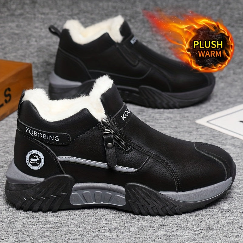 Botas de Neve Unissex para Inverno, Simples e Modernas em Cores Sólidas de Cinza, Preto, Caqui, Design Superior em PU, Design de Calçar Fácil, Sola de PVC Espessa e Macia Resistente ao Desgaste com Aderência Forte, Forrada para Calor e Conforto, Sapatos Deslizantes para Preguiça, Adequados para