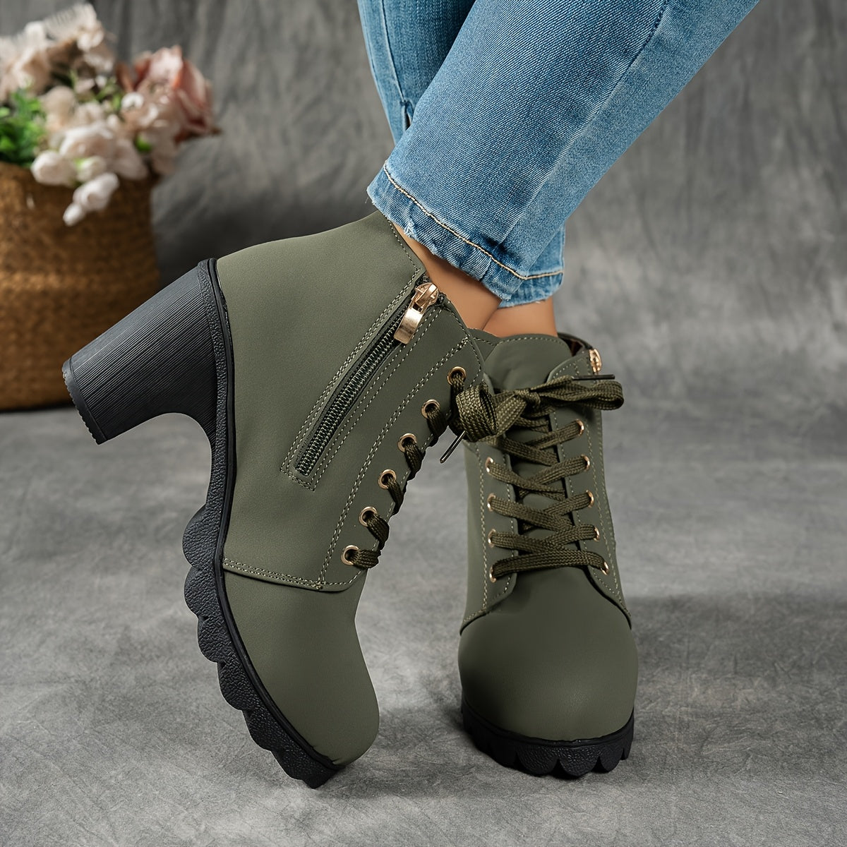 MagiMoBo Botins de Salto Médio para Mulher | Confortáveis em Sintético com Design de Fivela Decorativa, Sapatos Casuais para Todas as Estações, Salto Bloco, Fecho de Zíper