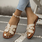 Sandálias Chinelas Femininas Chiques - Abertas Casualmente, Falso Cobertura com Tiras de Fivela Douradas, Sola de Borracha Confortável - Calçado Versátil para Todas as Estações