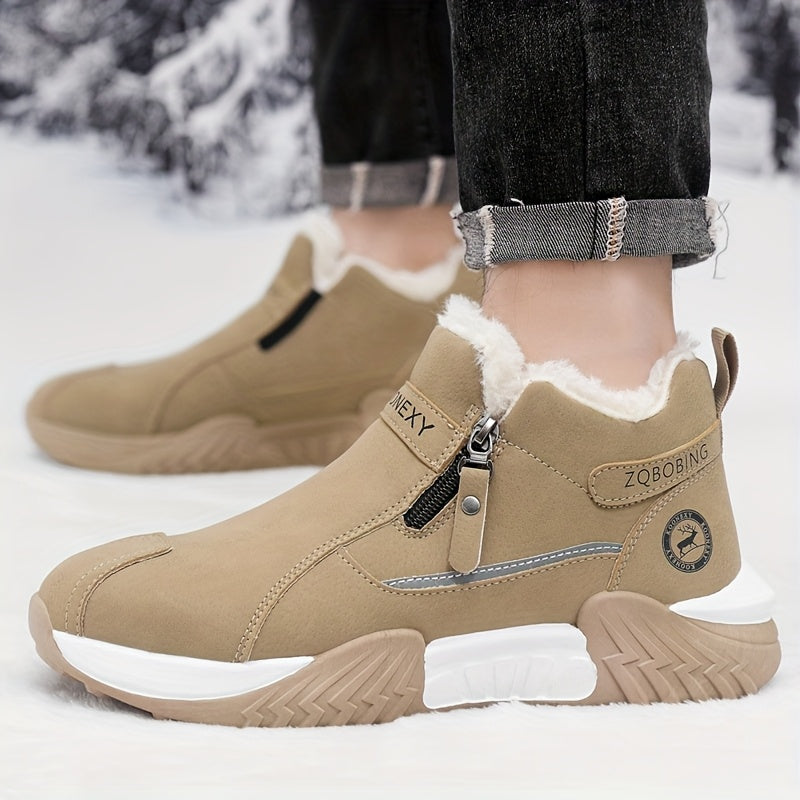 Botas de Neve Unissex para Inverno, Simples e Modernas em Cores Sólidas de Cinza, Preto, Caqui, Design Superior em PU, Design de Calçar Fácil, Sola de PVC Espessa e Macia Resistente ao Desgaste com Aderência Forte, Forrada para Calor e Conforto, Sapatos Deslizantes para Preguiça, Adequados para