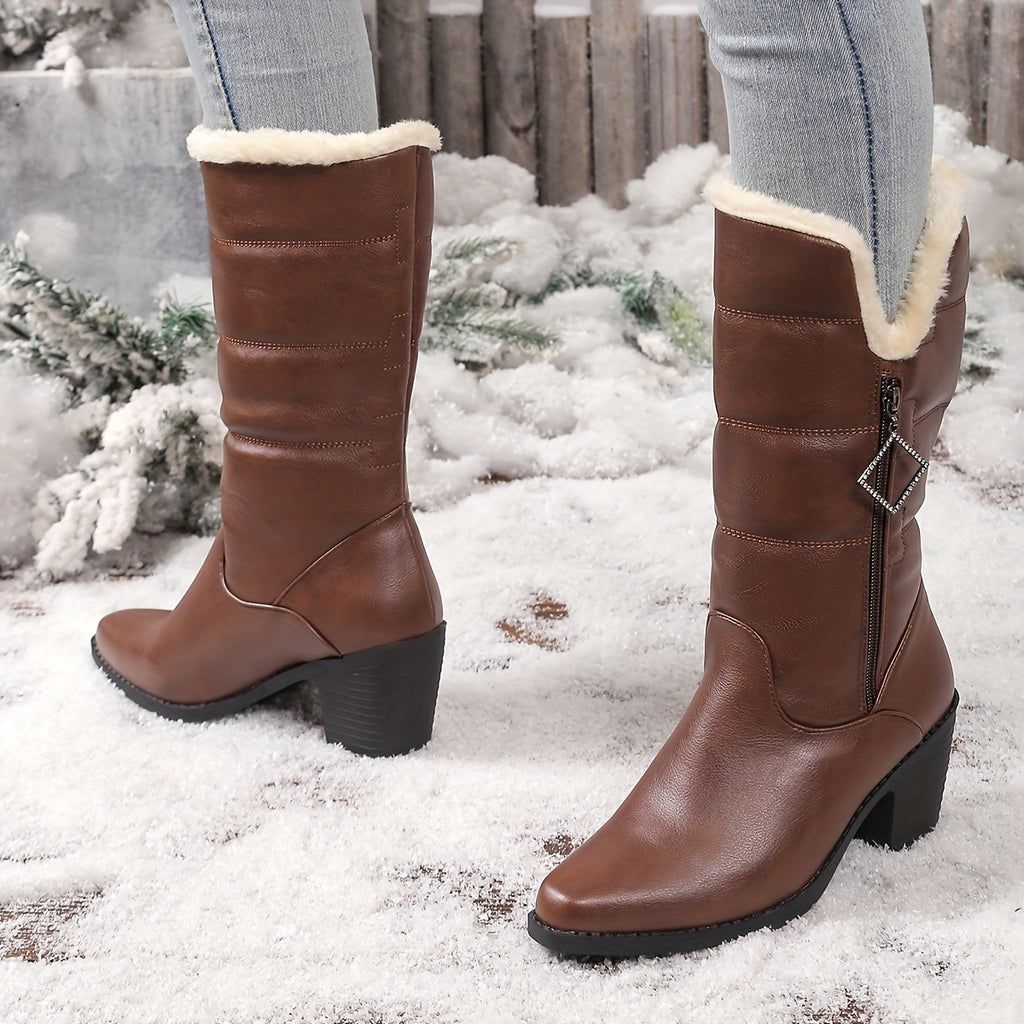 Botas Femininas de Inverno 2025 com Salto Grosso e Zíper Lateral em Cor Sólida